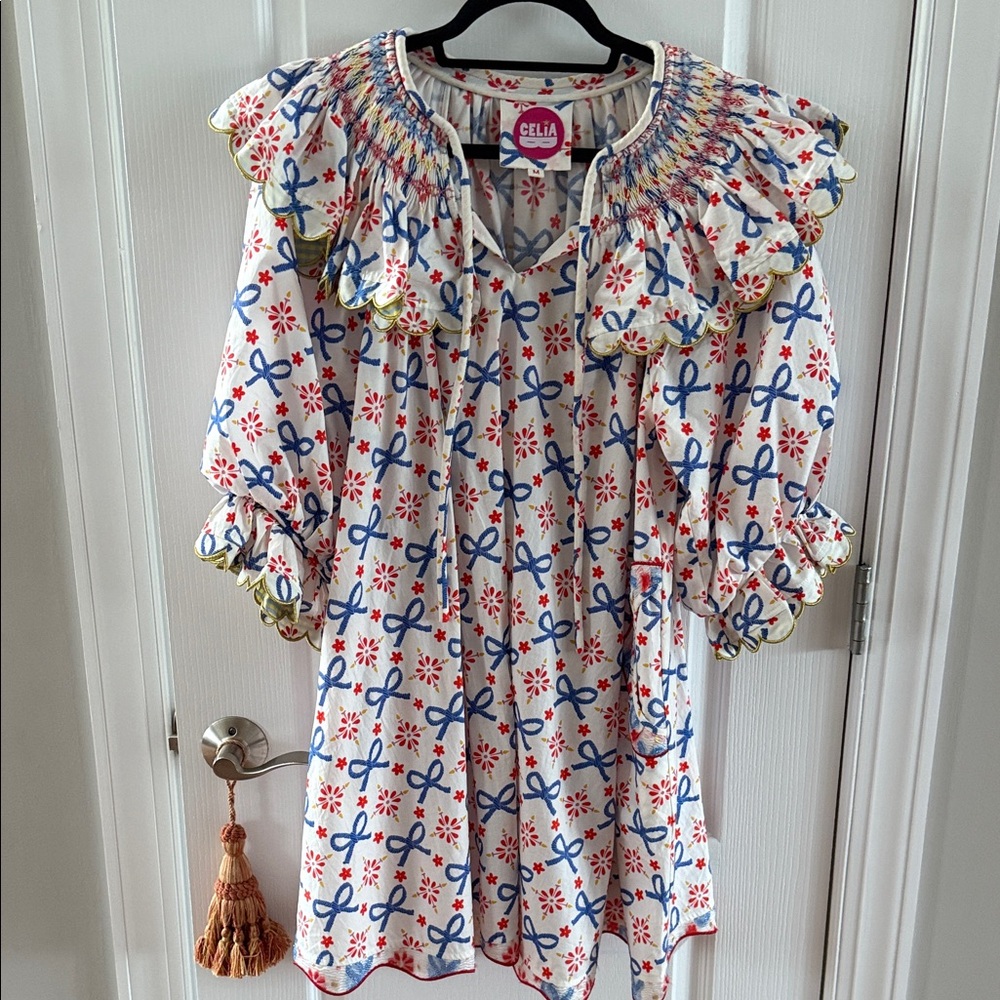 CeliaB White Dress with Blue and Red Pattern